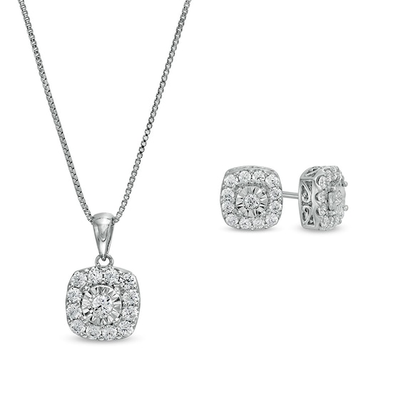 Previously Owned - 1 CT. T.w. Diamond Cushion-Shaped Frame Pendant and Stud Earrings Set in Sterling Silver