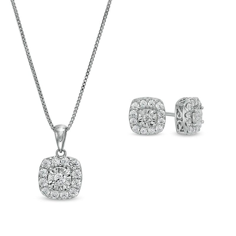 Main Image 1 of Previously Owned - 1 CT. T.W. Diamond Cushion-Shaped Frame Pendant and Stud Earrings Set in Sterling Silver
