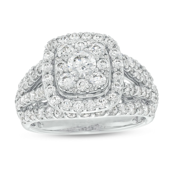Previously Owned - 2 CT. T.w. Cushion-Shaped Multi-Diamond Frame Split Shank Engagement Ring in 10K White Gold