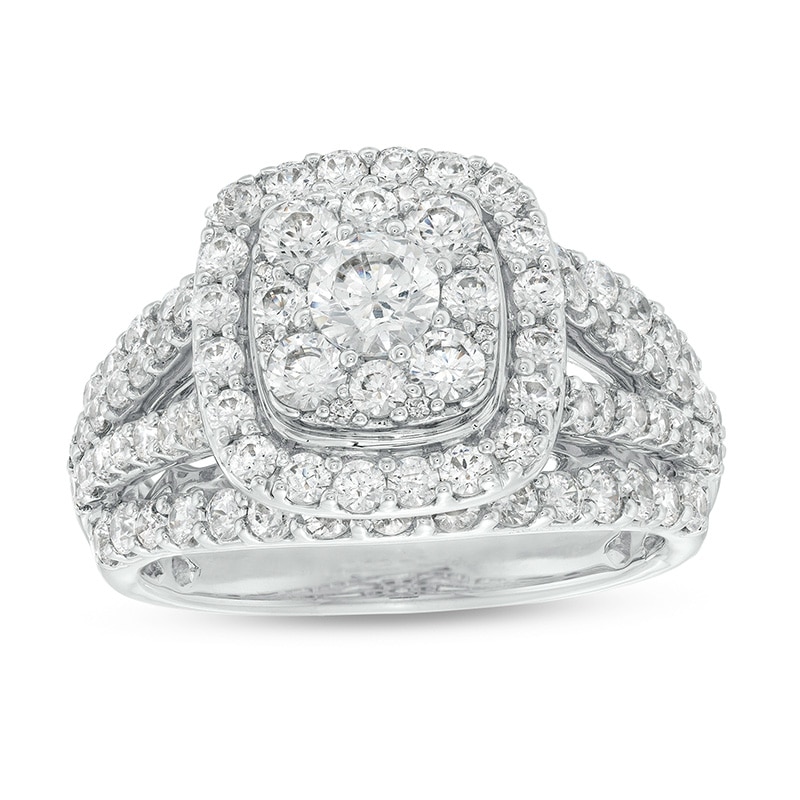 Main Image 1 of Previously Owned - 2 CT. T.W. Cushion-Shaped Multi-Diamond Frame Split Shank Engagement Ring in 10K White Gold