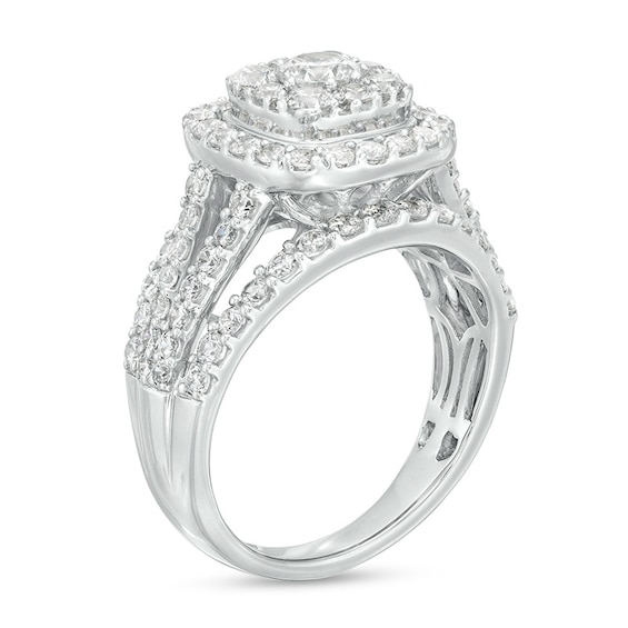 Previously Owned - 2 CT. T.w. Cushion-Shaped Multi-Diamond Frame Split Shank Engagement Ring in 10K White Gold