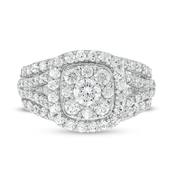 Previously Owned - 2 CT. T.w. Cushion-Shaped Multi-Diamond Frame Split Shank Engagement Ring in 10K White Gold