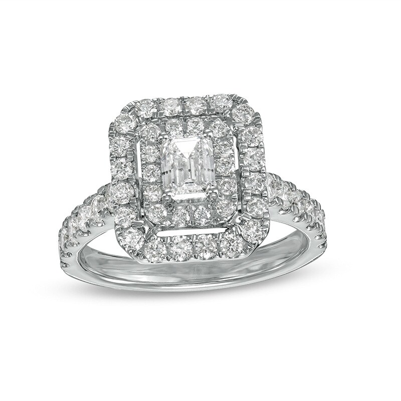 Main Image 1 of Previously Owned - 1-1/2 CT. T.W. Emerald-Cut Diamond Double Frame Engagement Ring in 14K White Gold (I/SI2)