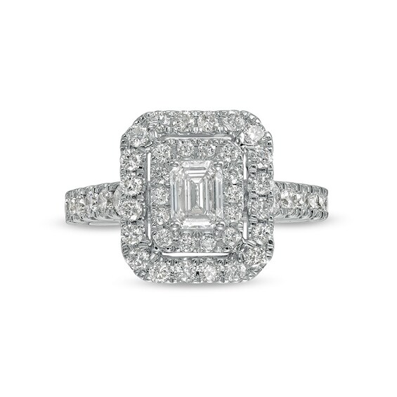 Previously Owned - 1-1/2 CT. T.w. Emerald-Cut Diamond Double Frame Engagement Ring in 14K White Gold (I/Si2)
