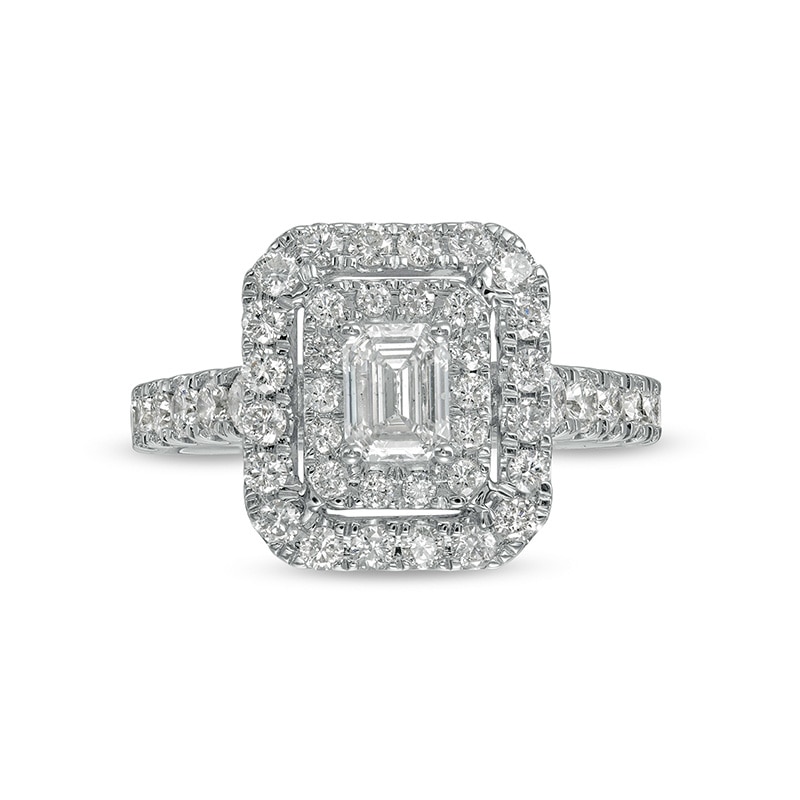 Main Image 4 of Previously Owned - 1-1/2 CT. T.W. Emerald-Cut Diamond Double Frame Engagement Ring in 14K White Gold (I/SI2)