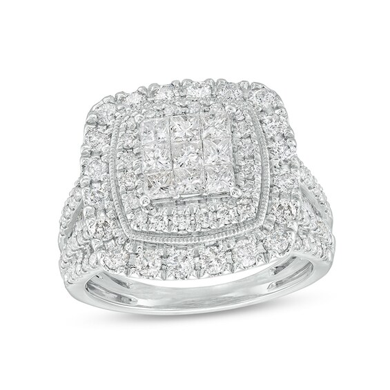 Previously Owned - 2 CT. T.w. Princess Multi-Diamond Double Frame Vintage-Style Engagement Ring in 10K White Gold