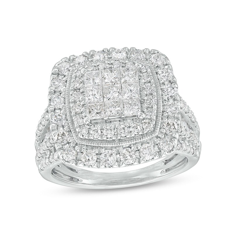 Main Image 1 of Previously Owned - 2 CT. T.W. Princess Multi-Diamond Double Frame Vintage-Style Engagement Ring in 10K White Gold
