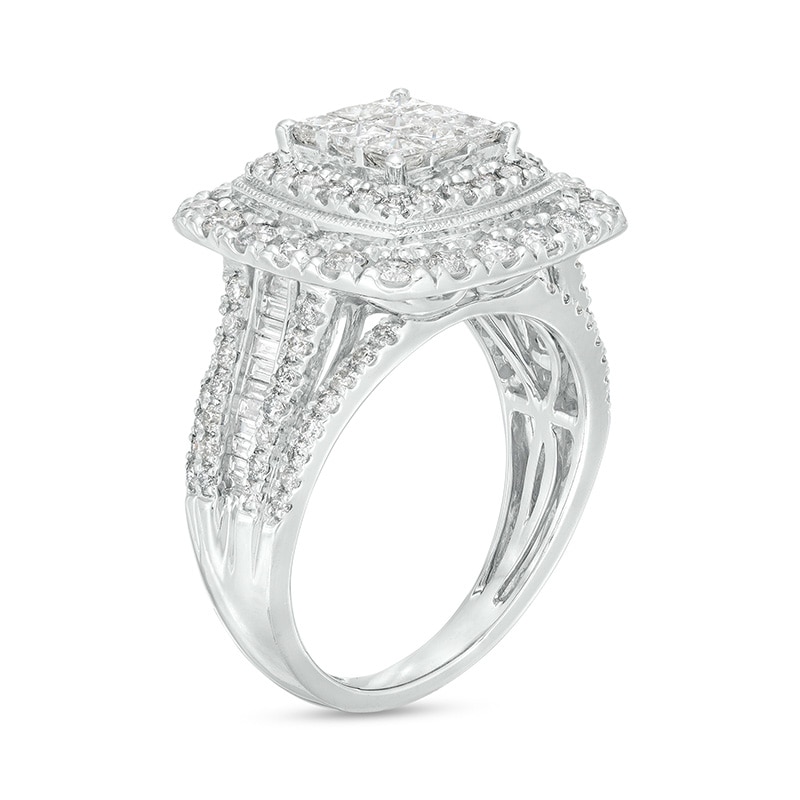 Main Image 3 of Previously Owned - 2 CT. T.W. Princess Multi-Diamond Double Frame Vintage-Style Engagement Ring in 10K White Gold