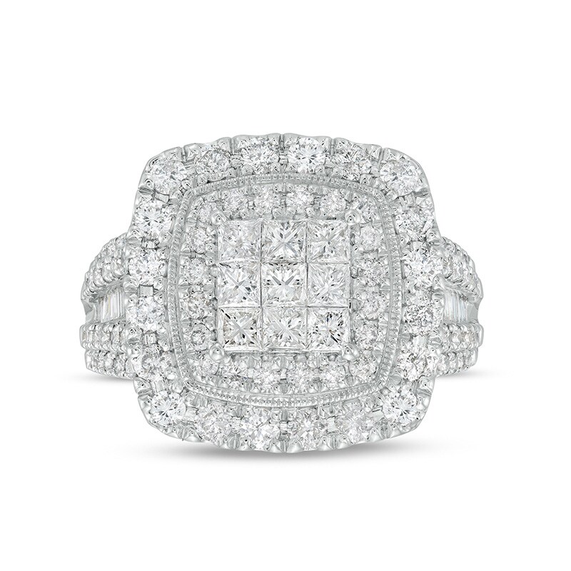 Main Image 4 of Previously Owned - 2 CT. T.W. Princess Multi-Diamond Double Frame Vintage-Style Engagement Ring in 10K White Gold