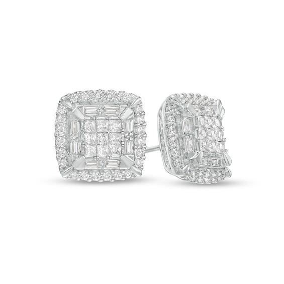 Previously Owned - 1 CT. T.w. Cushion-Shaped Multi-Diamond Double Frame Stud Earrings in 10K White Gold