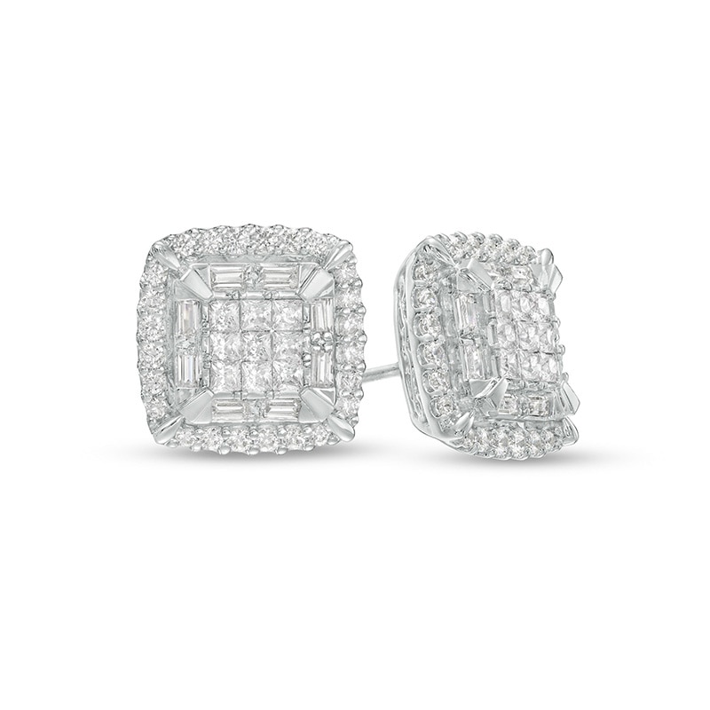 Main Image 1 of Previously Owned - 1 CT. T.W. Cushion-Shaped Multi-Diamond Double Frame Stud Earrings in 10K White Gold