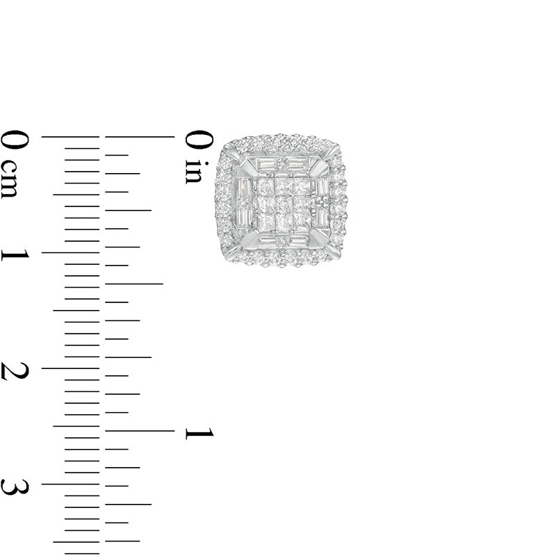 Main Image 3 of Previously Owned - 1 CT. T.W. Cushion-Shaped Multi-Diamond Double Frame Stud Earrings in 10K White Gold
