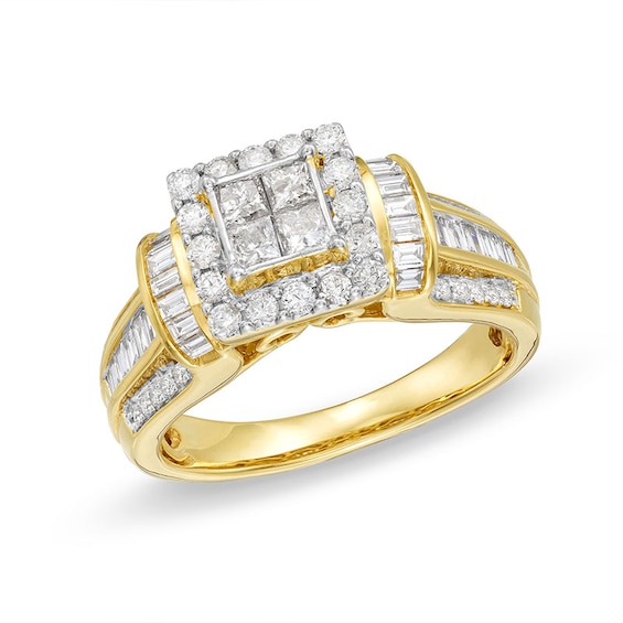 Previously Owned - 1 CT. T.w. Quad Princess-Cut Diamond Square Frame Collar Engagement Ring in 10K Gold