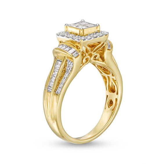 Previously Owned - 1 CT. T.w. Quad Princess-Cut Diamond Square Frame Collar Engagement Ring in 10K Gold