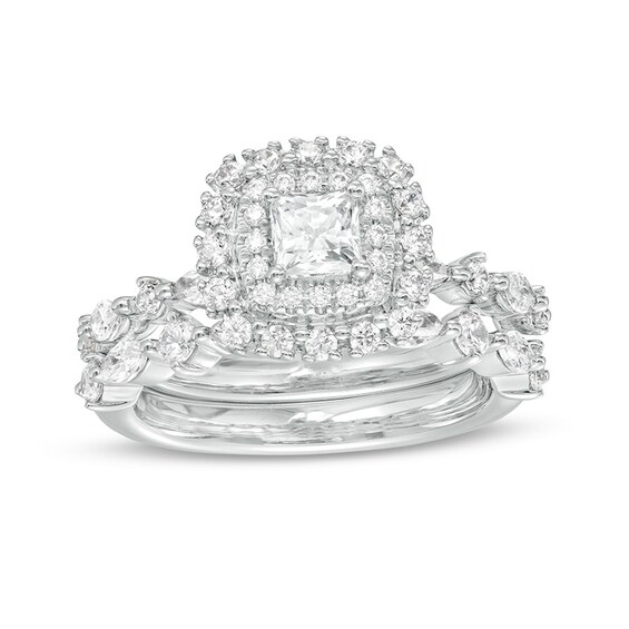 Previously Owned - 1-3/8 CT. T.w. Princess-Cut Diamond Double Frame Bridal Set in 14K White Gold (I/I1)