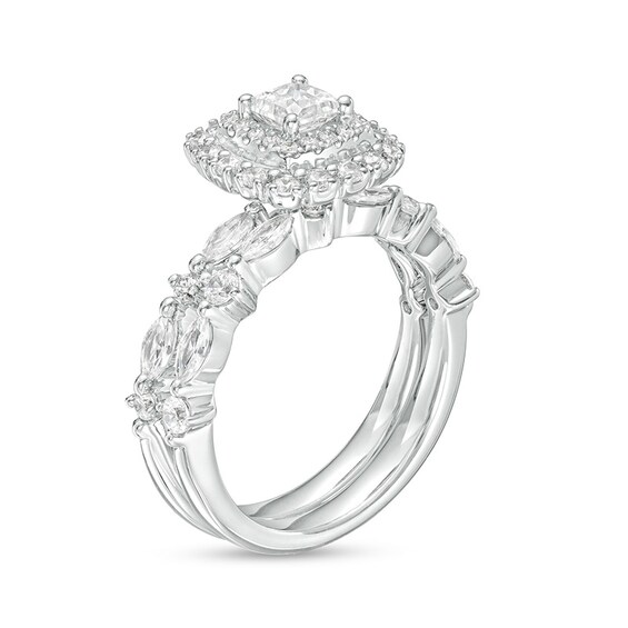 Previously Owned - 1-3/8 CT. T.w. Princess-Cut Diamond Double Frame Bridal Set in 14K White Gold (I/I1)