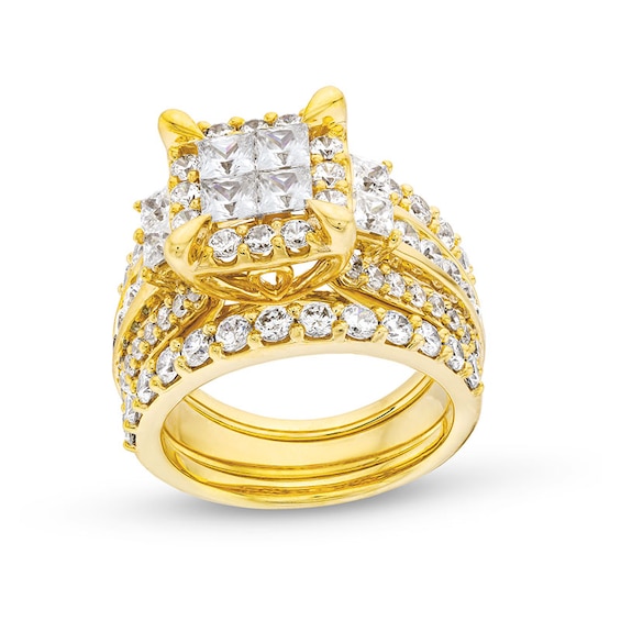 Previously Owned - 4 CT. T.w. Quad Princess-Cut Diamond Frame Tiered Three Piece Bridal Set in 14K Gold