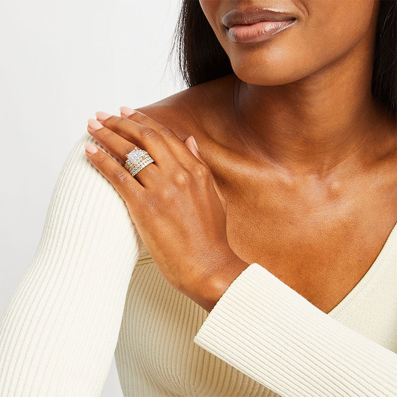 Main Image 2 of Previously Owned - 4 CT. T.W. Quad Princess-Cut Diamond Frame Tiered Three Piece Bridal Set in 14K Gold