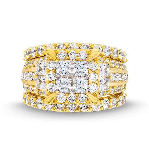 Previously Owned - 4 CT. T.w. Quad Princess-Cut Diamond Frame Tiered Three Piece Bridal Set in 14K Gold