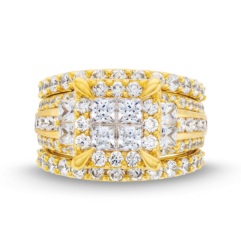 Main Image 4 of Previously Owned - 4 CT. T.W. Quad Princess-Cut Diamond Frame Tiered Three Piece Bridal Set in 14K Gold