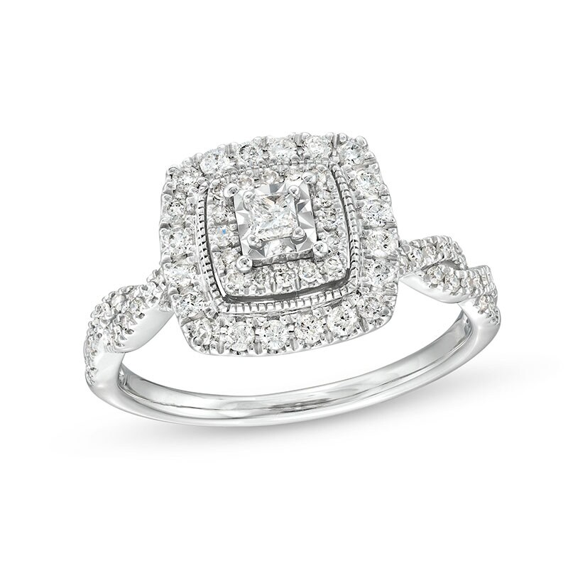 Main Image 1 of Previously Owned - 1/2 CT. T.W. Princess-Cut Diamond Cushion Frame Vintage-Style Ring in 10K White Gold