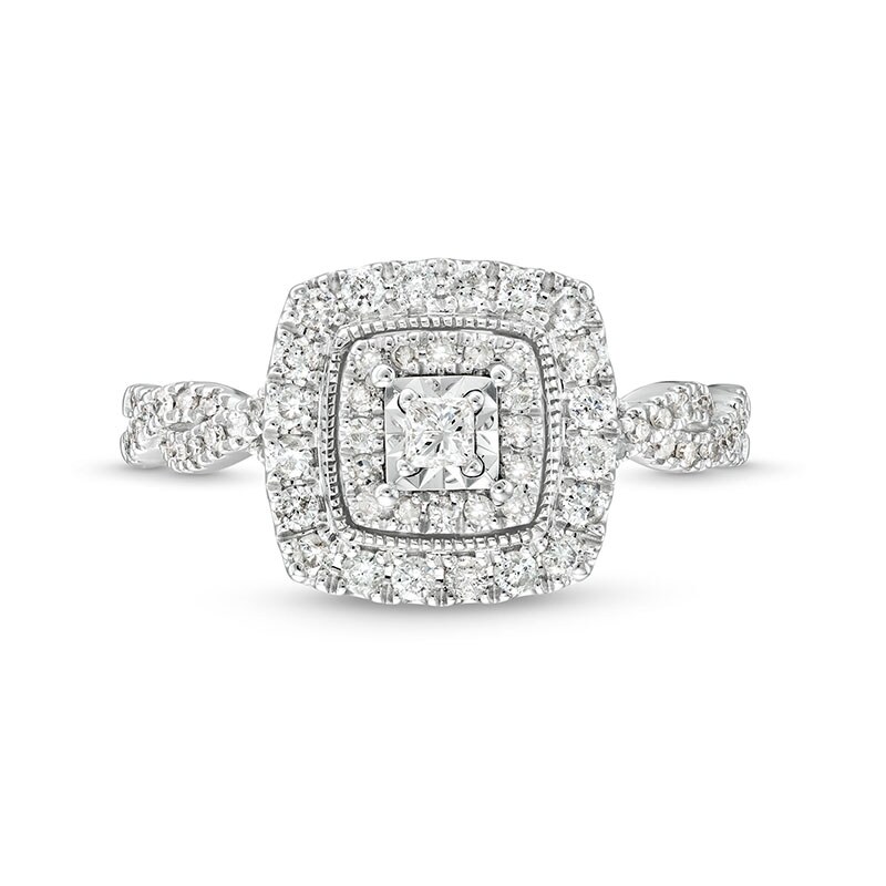Main Image 4 of Previously Owned - 1/2 CT. T.W. Princess-Cut Diamond Cushion Frame Vintage-Style Ring in 10K White Gold