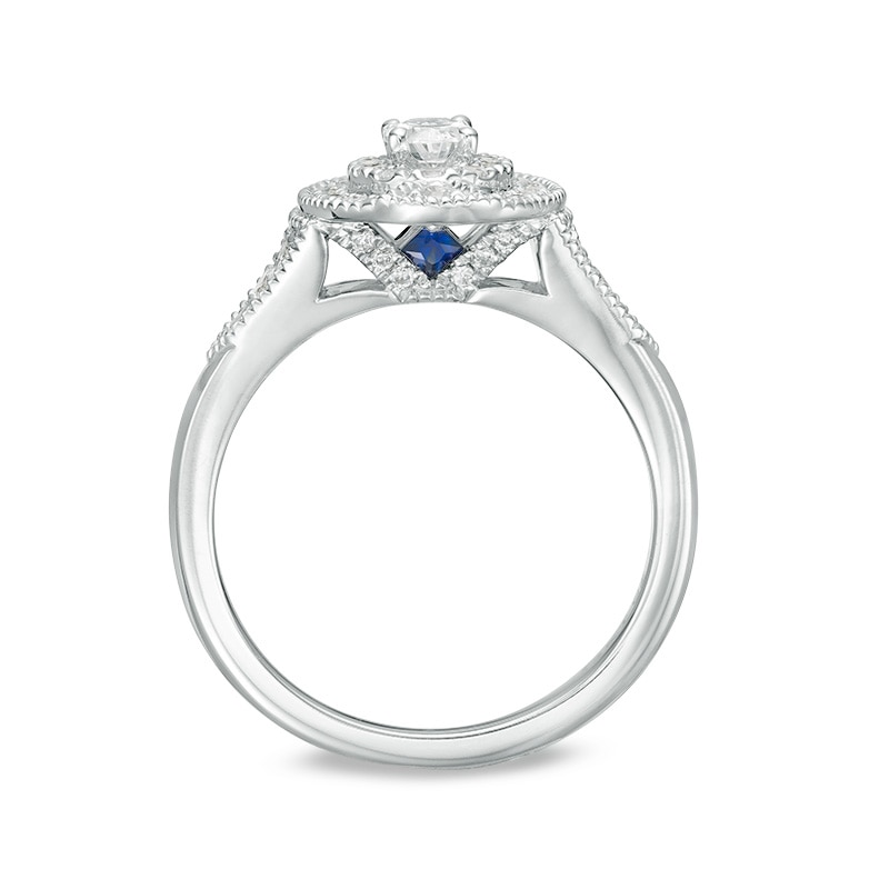 Main Image 3 of Previously Owned - Vera Wang Love Collection 5/8 CT. T.W. Oval Diamond Double Frame Engagement Ring in 14K White Gold