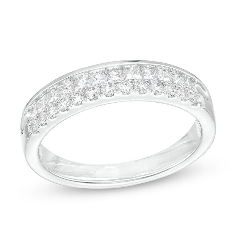 Main Image 1 of Previously Owned - 5/8 CT. T.W. Princess-Cut and Round Diamond Double Row Anniversary Band in 14K White Gold