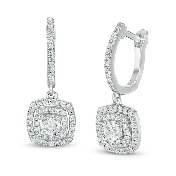 Previously Owned - 1 CT. T.w. Lab-Grown Diamond Double Cushion Frame Drop Earrings in 14K White Gold (F/Si2)