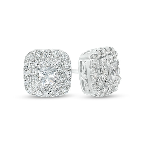 Previously Owned - 1-1/2 CT. T.w. Princess-Cut Lab-Grown Diamond Double Frame Stud Earrings in 14K White Gold (F/Si2)