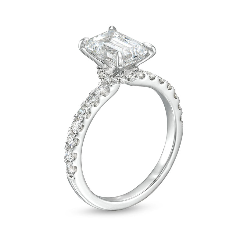 Main Image 3 of Previously Owned - 2-1/2 CT. T.W. Emerald-Cut Lab-Grown Diamond Engagement Ring in 14K White Gold (H/SI2)