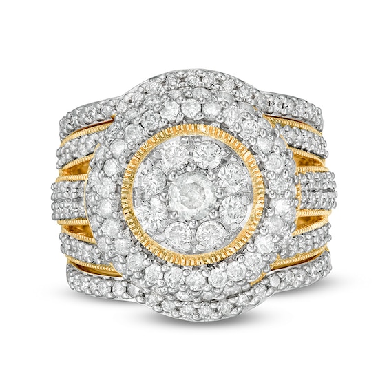 Previously Owned - 2-1/4 CT. T.w. Multi-Diamond Multi-Row Vintage-Style Three Piece Bridal Set in 10K Gold