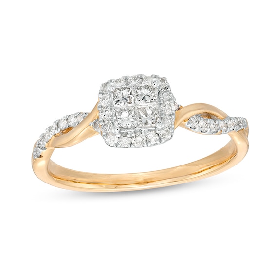 Previously Owned - 3/8 CT. T.w. Quad Princess-Cut Diamond Cushion Frame Twist Shank Engagement Ring in 10K Gold