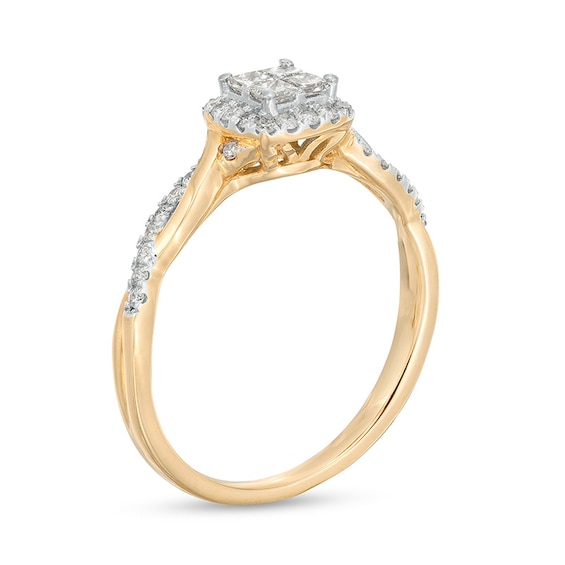 Previously Owned - 3/8 CT. T.w. Quad Princess-Cut Diamond Cushion Frame Twist Shank Engagement Ring in 10K Gold