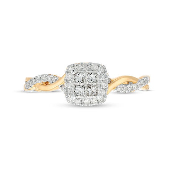Previously Owned - 3/8 CT. T.w. Quad Princess-Cut Diamond Cushion Frame Twist Shank Engagement Ring in 10K Gold