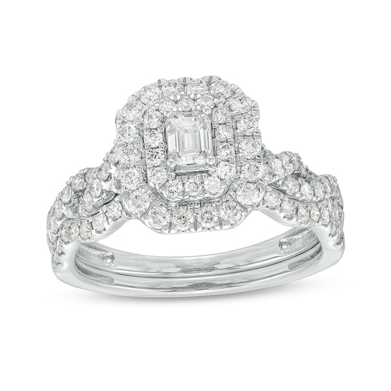 Previously Owned - 1 CT. T.w. Emerald-Cut Diamond Double Frame Twist Shank Bridal Set in 14K White Gold (I/Si2)