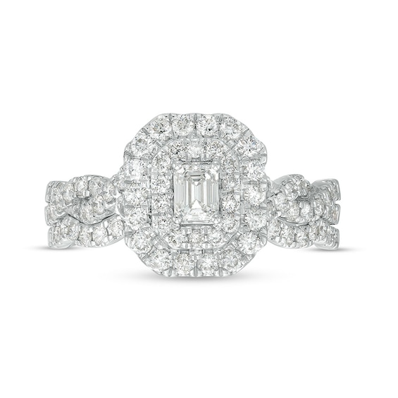 Previously Owned - 1 CT. T.w. Emerald-Cut Diamond Double Frame Twist Shank Bridal Set in 14K White Gold (I/Si2)