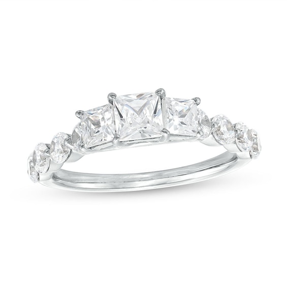Previously Owned - 2 CT. T.w. Princess-Cut Diamond Past Present Future® Scallop Edge Engagement Ring in 14K White Gold
