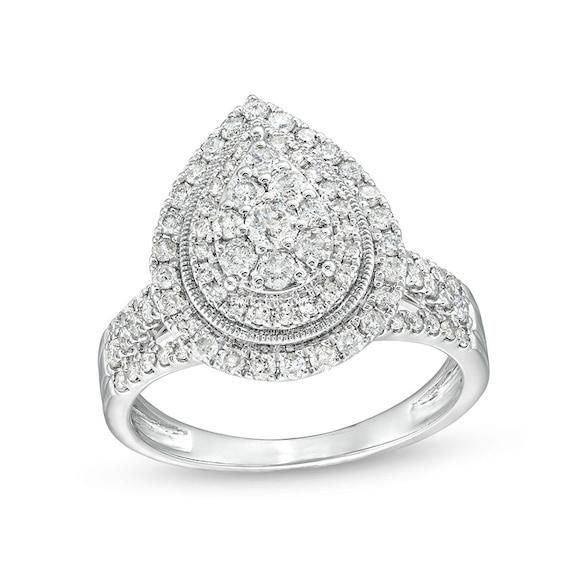 Previously Owned - 1 CT. T.w. Pear Multi-Diamond Multi-Row Vintage-Style Engagement Ring in 10K White Gold