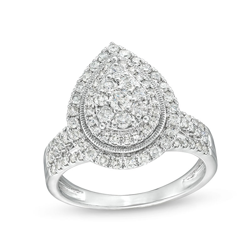 Main Image 1 of Previously Owned - 1 CT. T.W. Pear Multi-Diamond Multi-Row Vintage-Style Engagement Ring in 10K White Gold