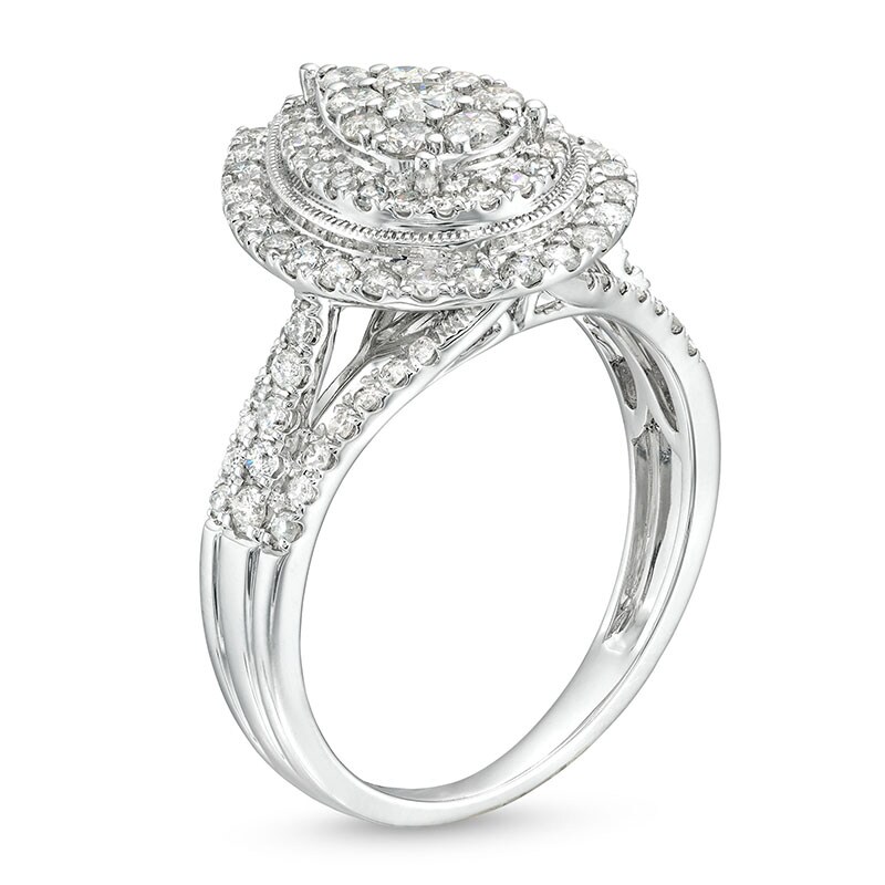 Main Image 3 of Previously Owned - 1 CT. T.W. Pear Multi-Diamond Multi-Row Vintage-Style Engagement Ring in 10K White Gold