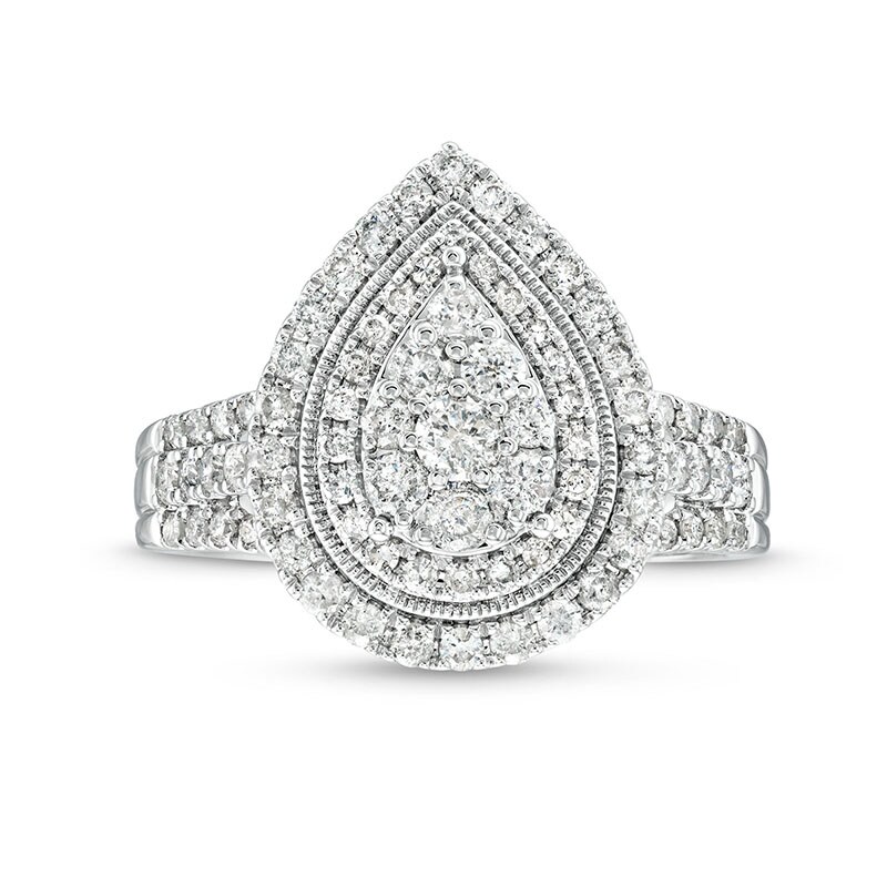 Main Image 4 of Previously Owned - 1 CT. T.W. Pear Multi-Diamond Multi-Row Vintage-Style Engagement Ring in 10K White Gold