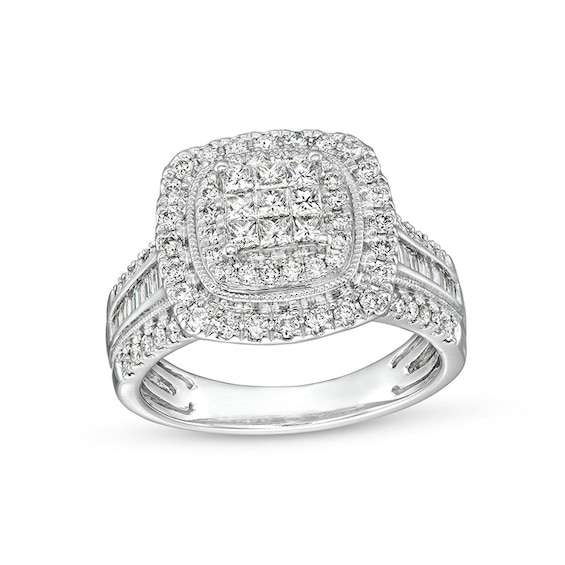 Previously Owned - 1 CT. T.w. Princess-Cut Multi-Diamond Frame Vintage-Style Engagement Ring in 10K White Gold