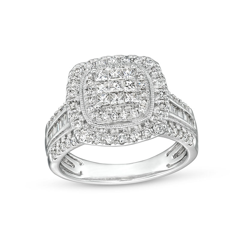 Main Image 1 of Previously Owned - 1 CT. T.W. Princess-Cut Multi-Diamond Frame Vintage-Style Engagement Ring in 10K White Gold