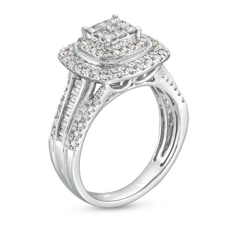 Main Image 3 of Previously Owned - 1 CT. T.W. Princess-Cut Multi-Diamond Frame Vintage-Style Engagement Ring in 10K White Gold