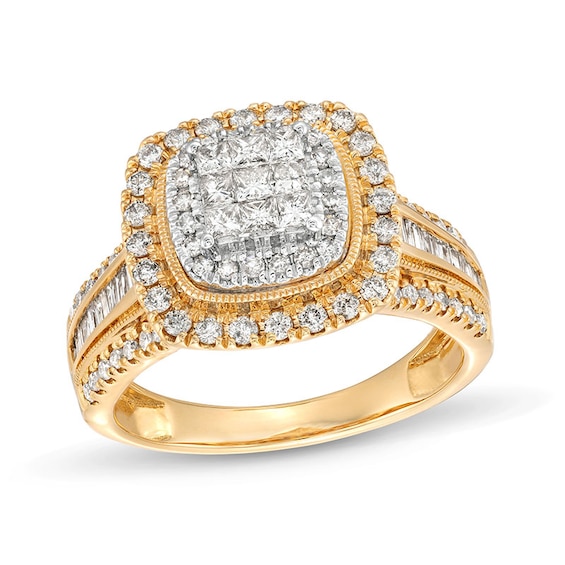 Previously Owned - 1 CT. T.w. Princess-Cut Multi-Diamond Cushion Frame Vintage-Style Engagement Ring in 10K Gold
