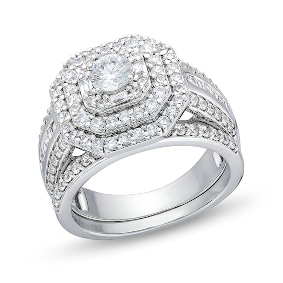 Previously Owned - 1-1/2 CT. T.w. Diamond Cushion Triple Row Octagon Frame Bridal Set in 10K White Gold