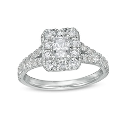 Previously Owned - 1-1/2 CT. T.W. Radiant-Cut Diamond Frame Split Shank Engagement Ring in 14K White Gold (I/SI2)