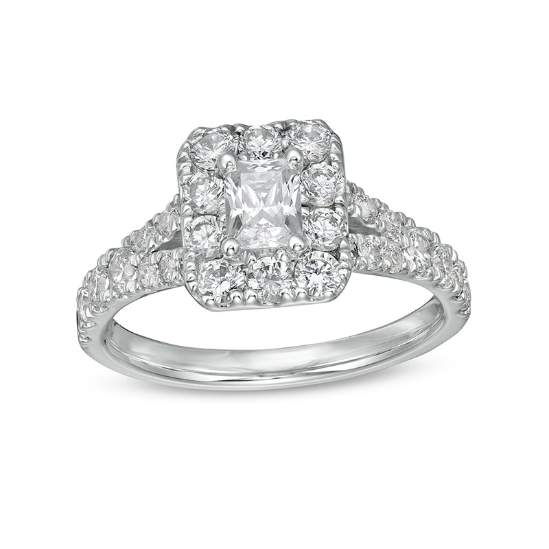 Main Image 1 of Previously Owned - 1-1/2 CT. T.W. Radiant-Cut Diamond Frame Split Shank Engagement Ring in 14K White Gold (I/SI2)
