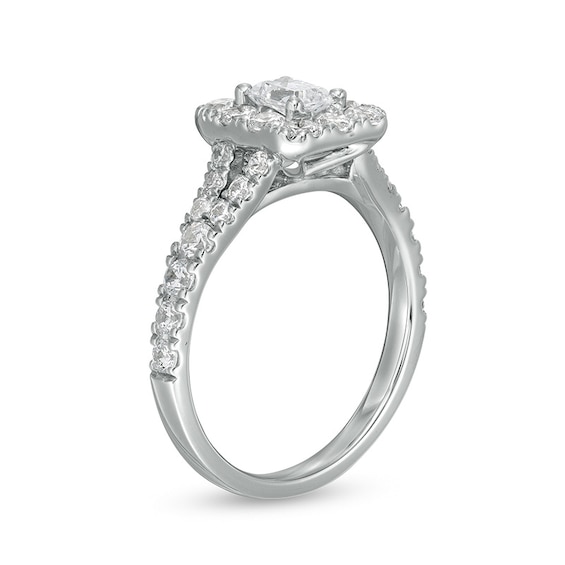 Previously Owned - 1-1/2 CT. T.w. Radiant-Cut Diamond Frame Split Shank Engagement Ring in 14K White Gold (I/Si2)